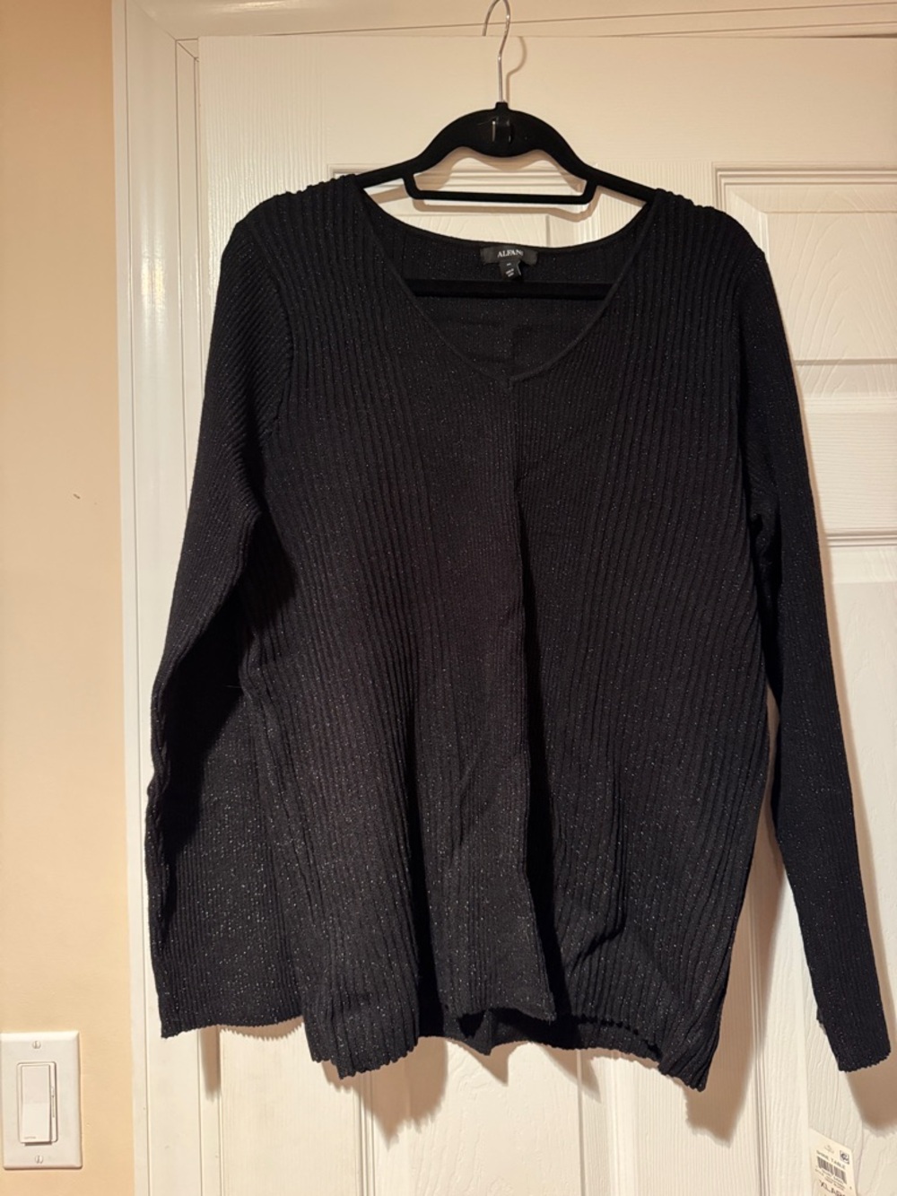 Alfani Black V-Neck Ribbed Sweater with Subtle Metallic Sheen